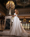 Beautiful Long A-line Off-the-shoulder Sweetheart Appliques Lace Satin Wedding Dress-27Dress
