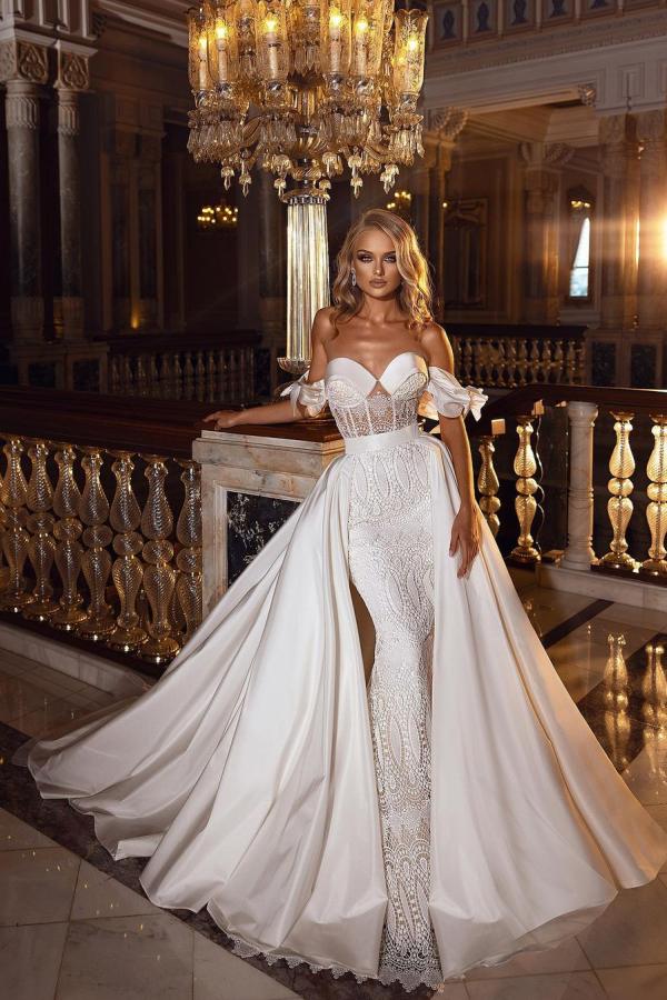 Beautiful Long A-line Off-the-shoulder Sweetheart Appliques Lace Satin Wedding Dress-27Dress