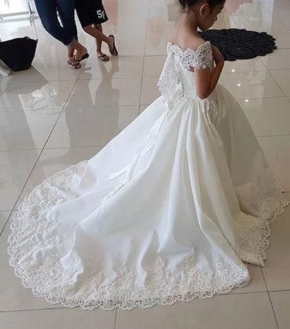 Beautiful Long A-line Satin Lace Flower Girl Dress with Beads-27dress