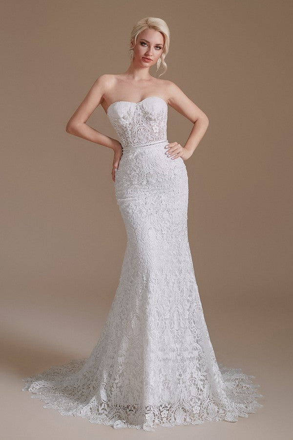 Beautiful Long Mermaid Sweetheart Lace Wedding Dresses with Detachable Sleeves-27dress