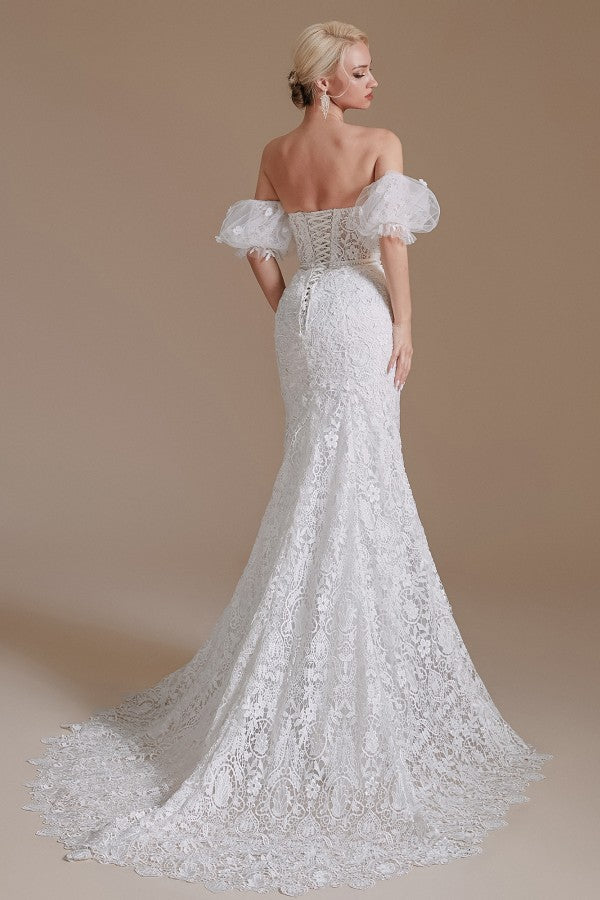 Beautiful Long Mermaid Sweetheart Lace Wedding Dresses with Detachable Sleeves-27dress