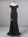 Beautiful Sheath/Column Off-the-Shoulder Jersey Prom Dresses with Sweep Train and Split Front