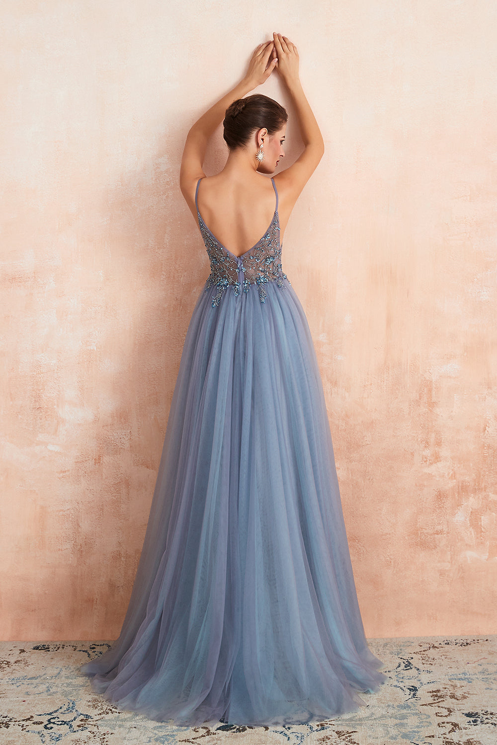 Best Long A-line V-neck Sleeveless Tulle Prom Dress with Slit-27dress