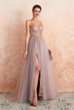 Best Long A-line V-neck Sleeveless Tulle Prom Dress with Slit-27dress