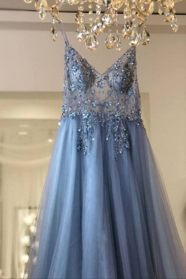 Best Long A-line V-neck Sleeveless Tulle Prom Dress with Slit-27dress