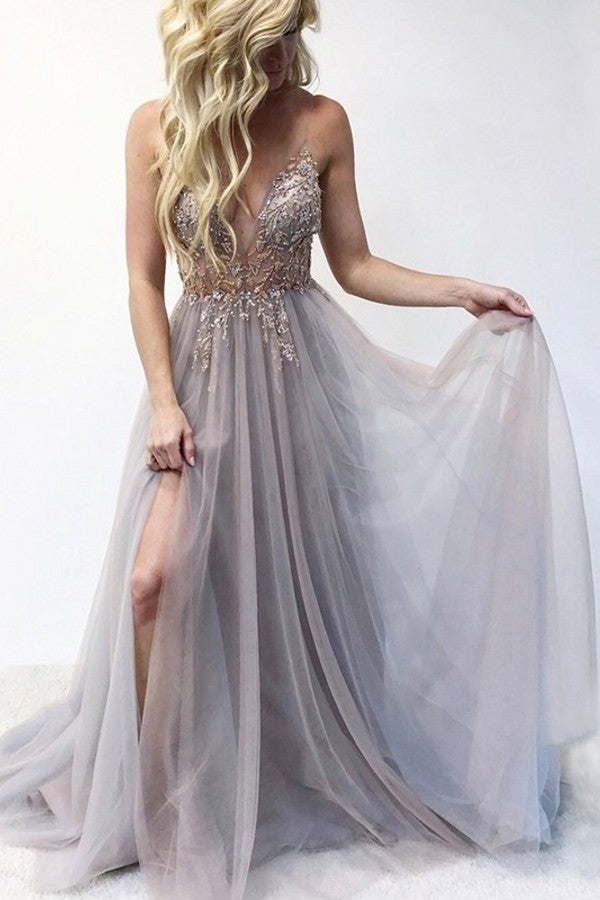 Best Long A-line V-neck Sleeveless Tulle Prom Dress with Slit-27dress