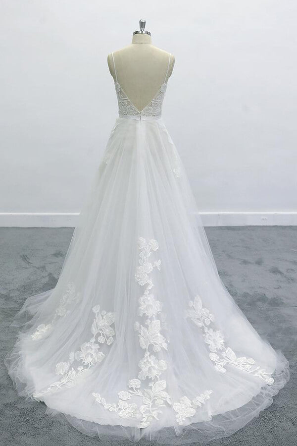 Best Spaghetti Strap Appliques Tulle Wedding Dress On Sale-27dress