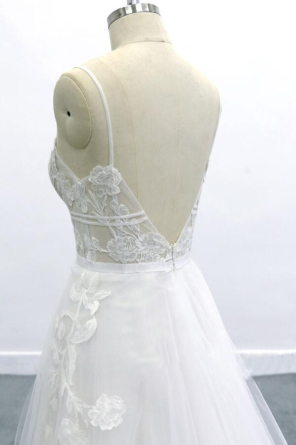 Best Spaghetti Strap Appliques Tulle Wedding Dress On Sale-27dress