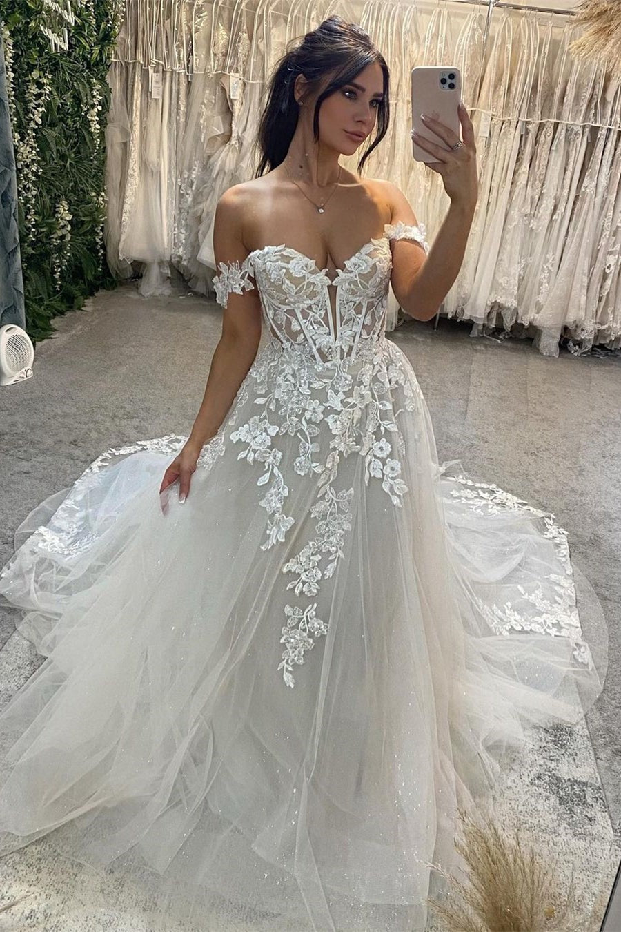 27Dress Long A-line Off the Shoulder Tulle Lace Wedding Dresses with Train-27Dress