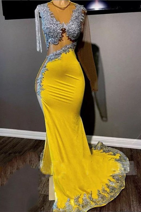 27Dress Yellow Long Mermaid Jewel Tulle Satin Prom Dress with Sleeves-27Dress