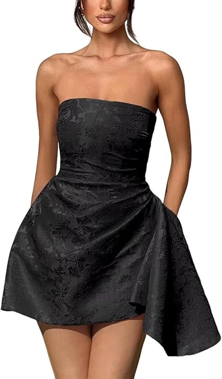 Short A-line Strapless Sleeveless Asymmetrical Lace up Jacquard Satin Homecoming Dress