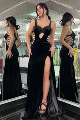 Black Keyhole Velvet Mermaid Prom Dress with Slit