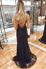 Black Lace Applique High Slit Criss Cross Back Mermaid Dress