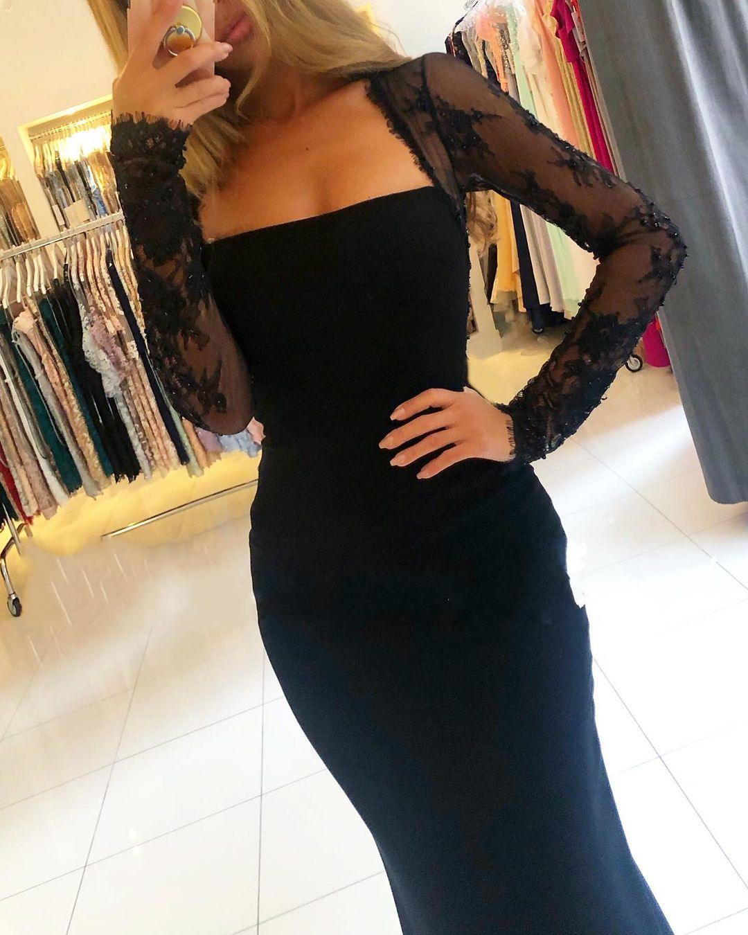 Black Long Mermaid Square Neckline Backless Prom Dress with Sleeves-27Dress