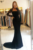 Black Long Mermaid Square Neckline Backless Prom Dress with Sleeves-27Dress