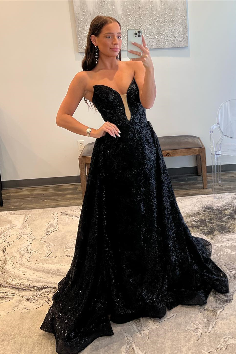 Black Plunging V Neck Sequins-Embroidered Strapless Long Prom Dress