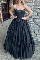 Black Strapless Beaded Ruffle Prom Dress with Bow