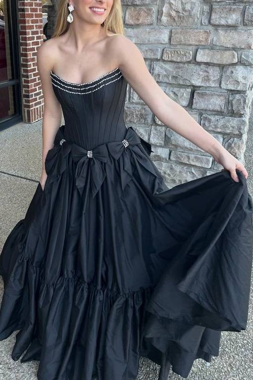 Black Strapless Beaded Ruffle Prom Dress with Bow