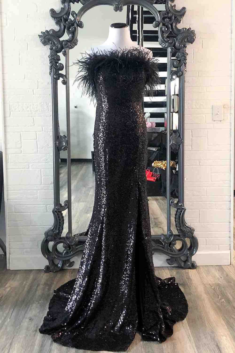 Black Strapless Feathers Long Prom Dress with Slit