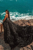 Black Strapless Lace Applqiues Wedding Dress Hi-Lo Ruffles-27dress