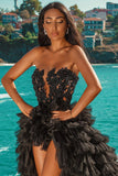 Black Strapless Lace Applqiues Wedding Dress Hi-Lo Ruffles-27dress