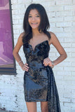 Black Strapless Sequined Homecoming Dress with Waist Cape