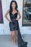 Black Strapless Sequined Homecoming Dress with Waist Cape