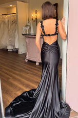 Black Straps Floral Mermaid Long Prom Dress