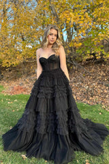 Black Sweetheart Beaded Tiered A-Line Formal Dress