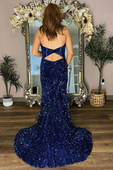 Blue Strapless Mermiad Sequins Slit Long Prom Dress