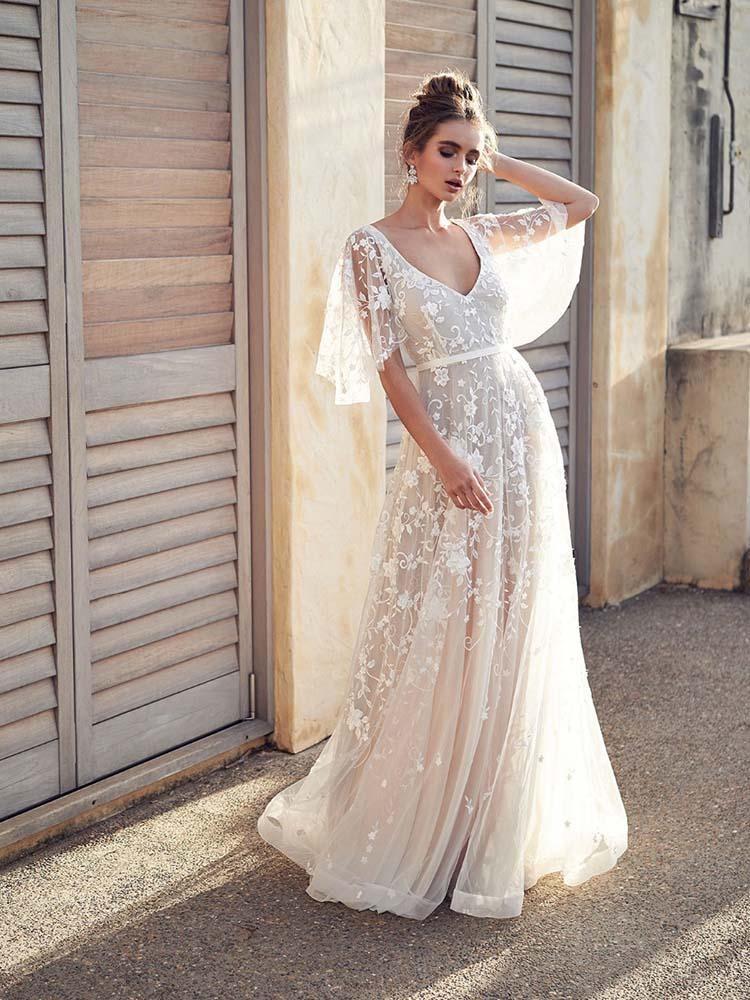 Boho Long A-line V Neck Lace Tulle Wedding Dresses with Sleeves-27Dress