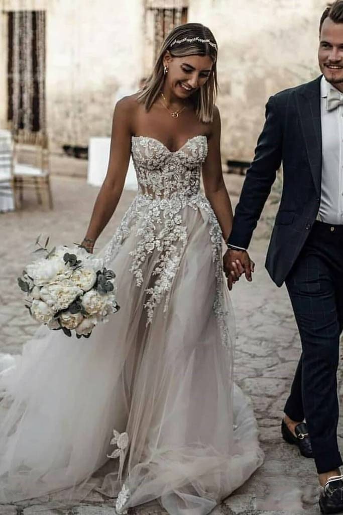 Boho Long Sweetheart Tulle Appliques Lace Wedding Dress-27Dress