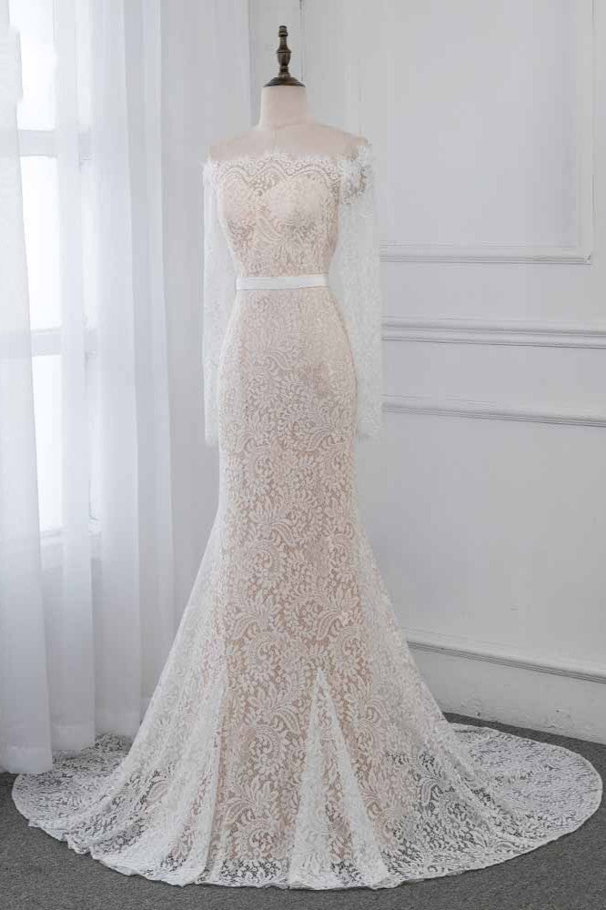 Boho Off-the-Shoulder Champagne Wedding Dresses Long Sleeves Mermaid Appliques Bridal Gowns-27dress