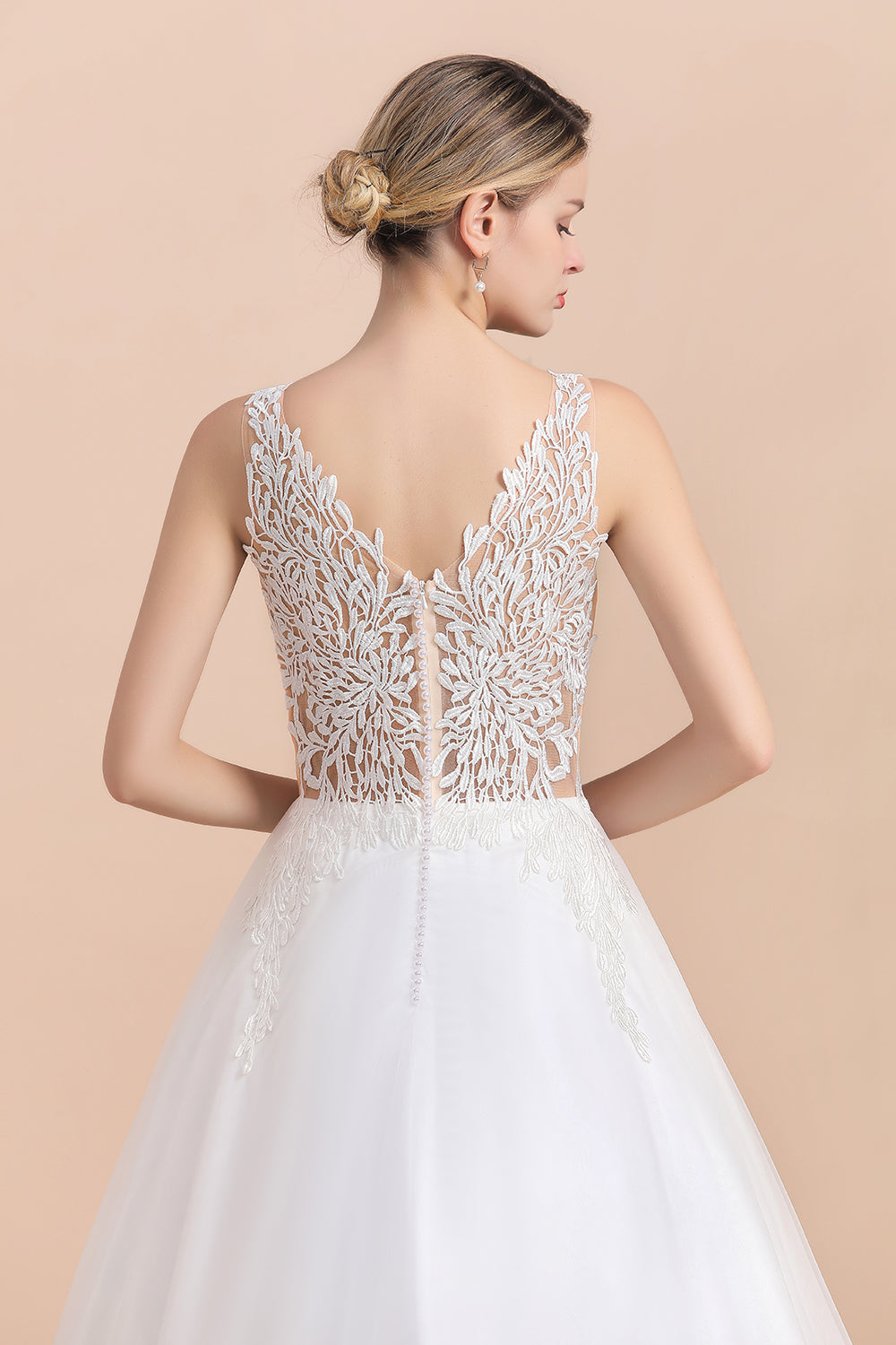 Boho V-Neck Lace Wedding Dress Tulle Appliques Sleeveless Bridal Gowns On Sale-27dress