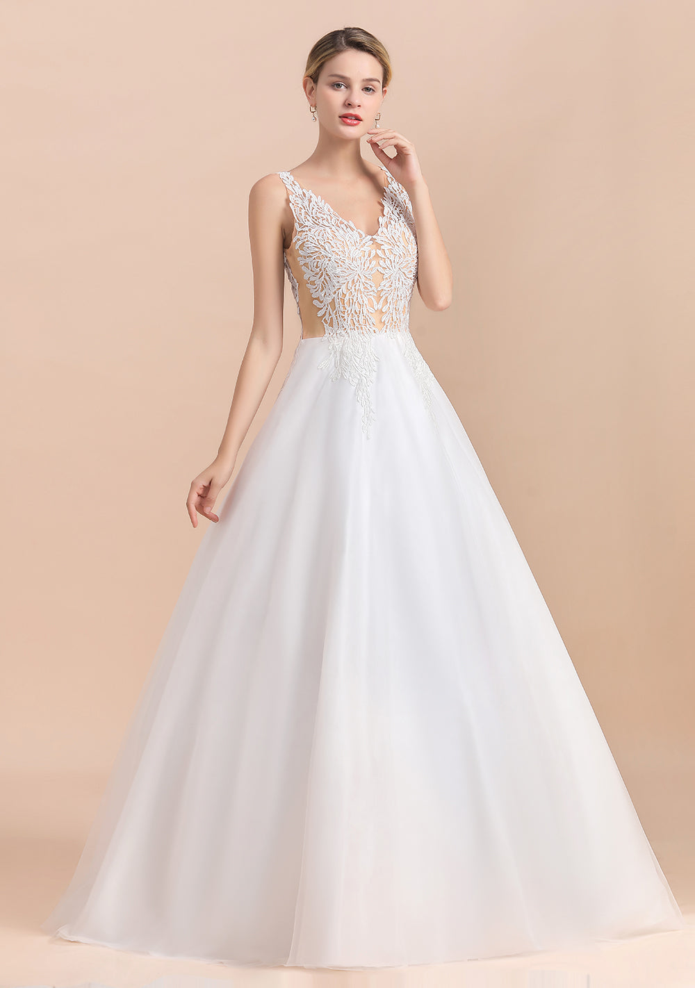 Boho V-Neck Lace Wedding Dress Tulle Appliques Sleeveless Bridal Gowns On Sale-27dress