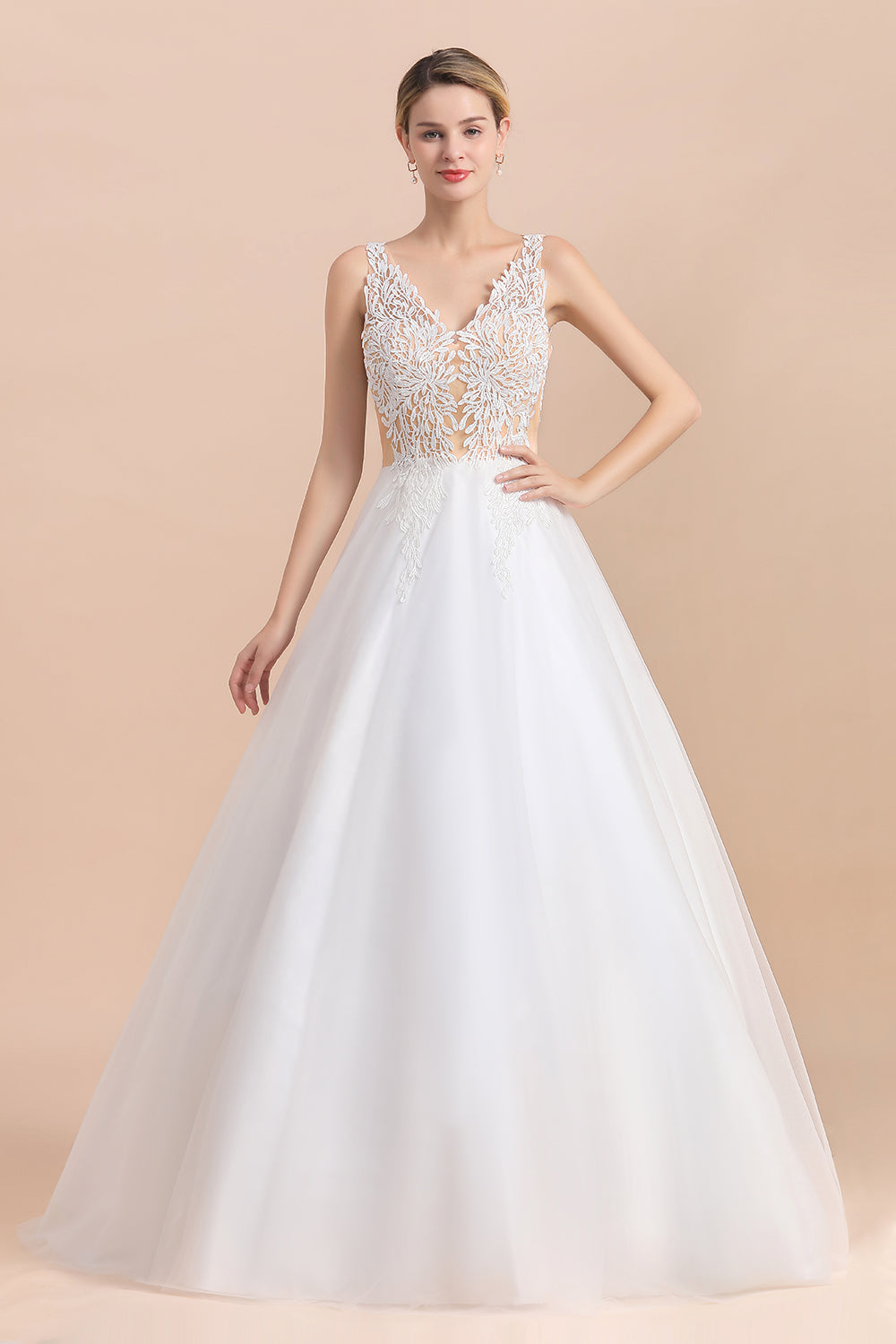 Boho V-Neck Lace Wedding Dress Tulle Appliques Sleeveless Bridal Gowns On Sale-27dress