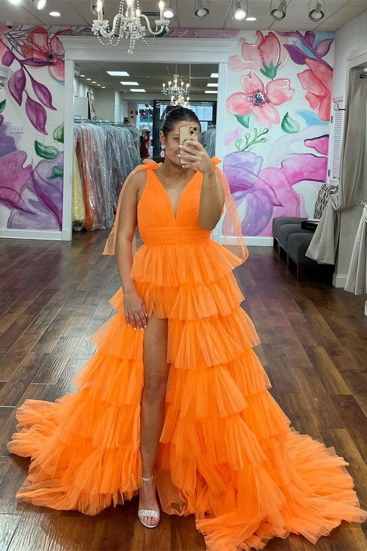 Bow Straps Orange V-Neck Ruffled Tulle Long Prom Dress with Slit