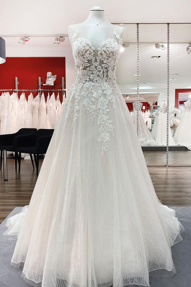 Breath-taking Detailed Appliques Ruffles Tulle Ivory Lace Wedding Dresses Long-27dress