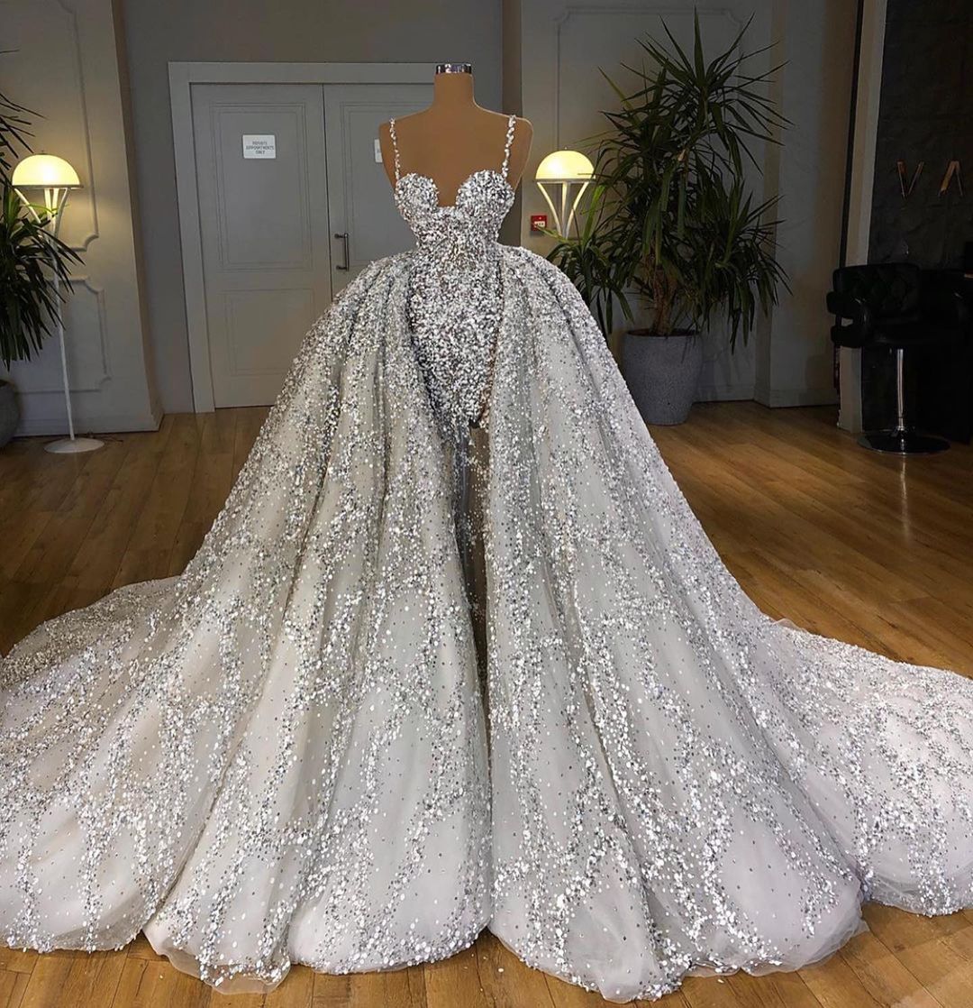 Brilliant Long Mermaid Sweetheart Sequins Wedding Dress With Ruffles Train-27Dress