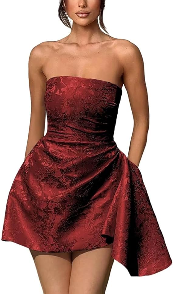 Short A-line Strapless Sleeveless Asymmetrical Lace up Jacquard Satin Homecoming Dress