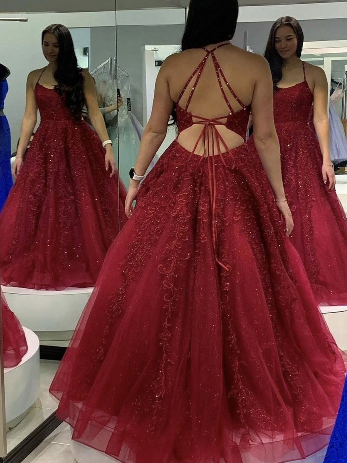 Burgundy Long A-line Tulle Lace Open Back Formal Prom Dress-27Dress