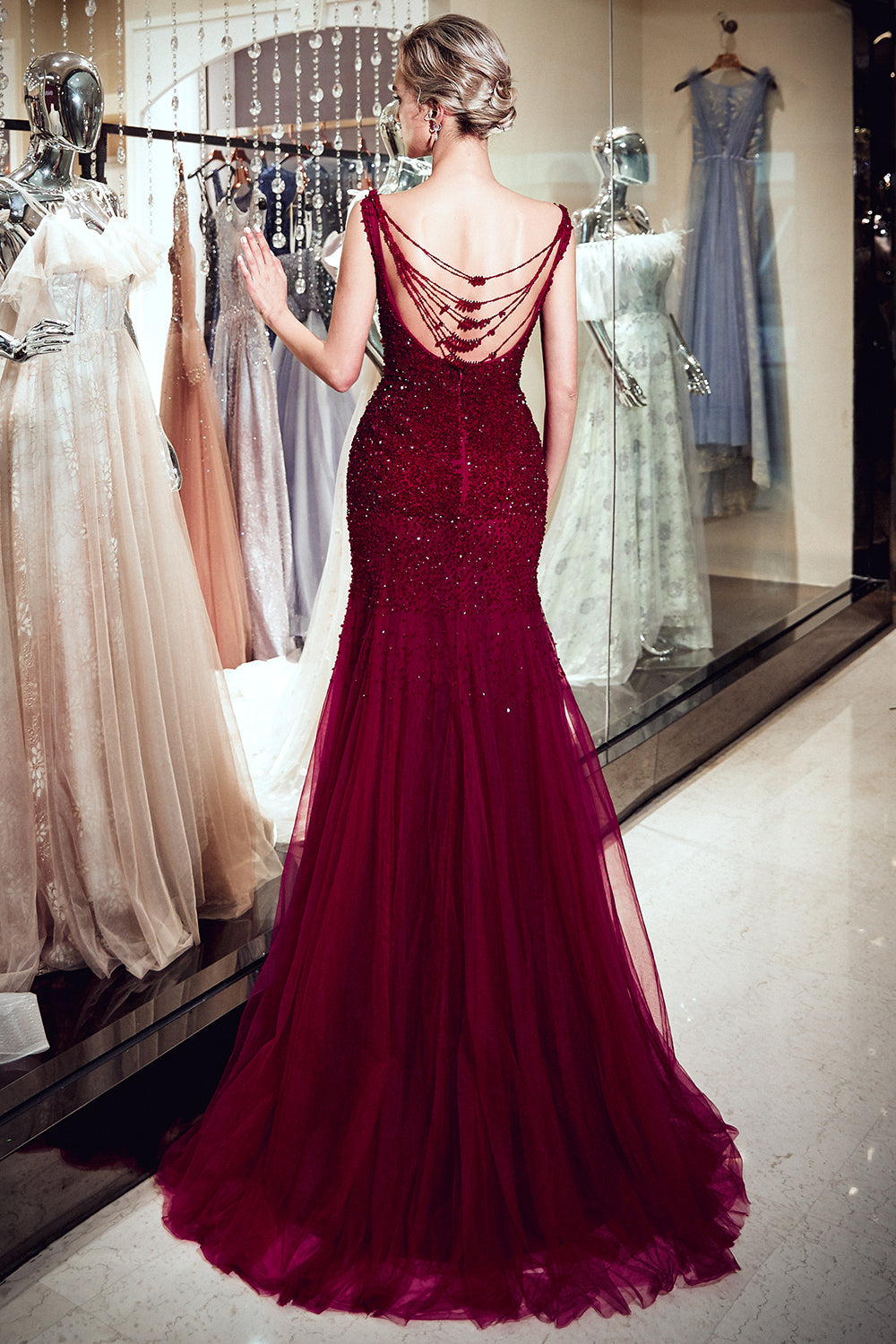 Burgundy Long Mermaid Tulle Sequined Evening Dresses-27dress