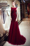 Burgundy Long Mermaid Tulle Sequined Evening Dresses-27dress