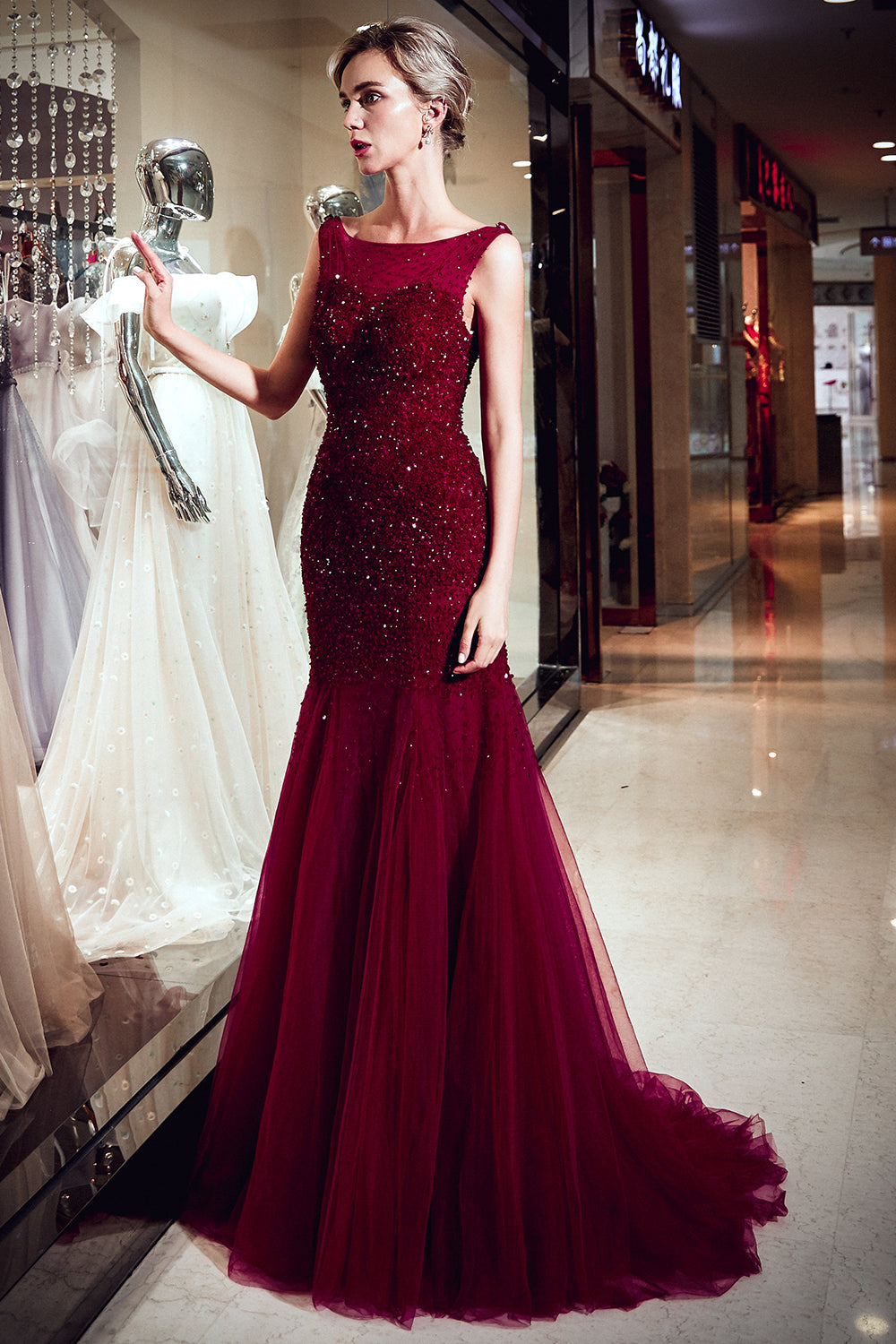 Burgundy Long Mermaid Tulle Sequined Evening Dresses-27dress