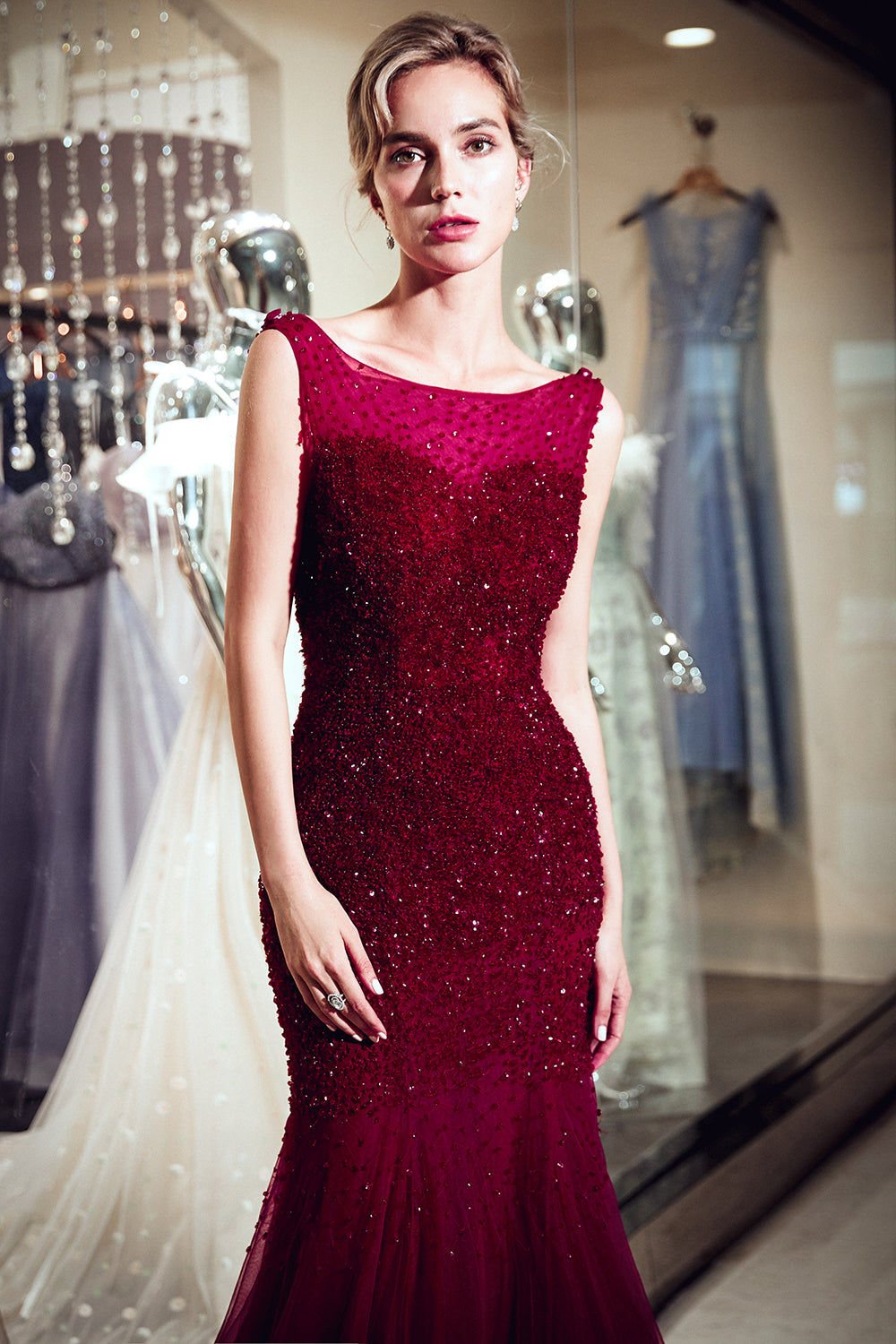 Burgundy Long Mermaid Tulle Sequined Evening Dresses-27dress