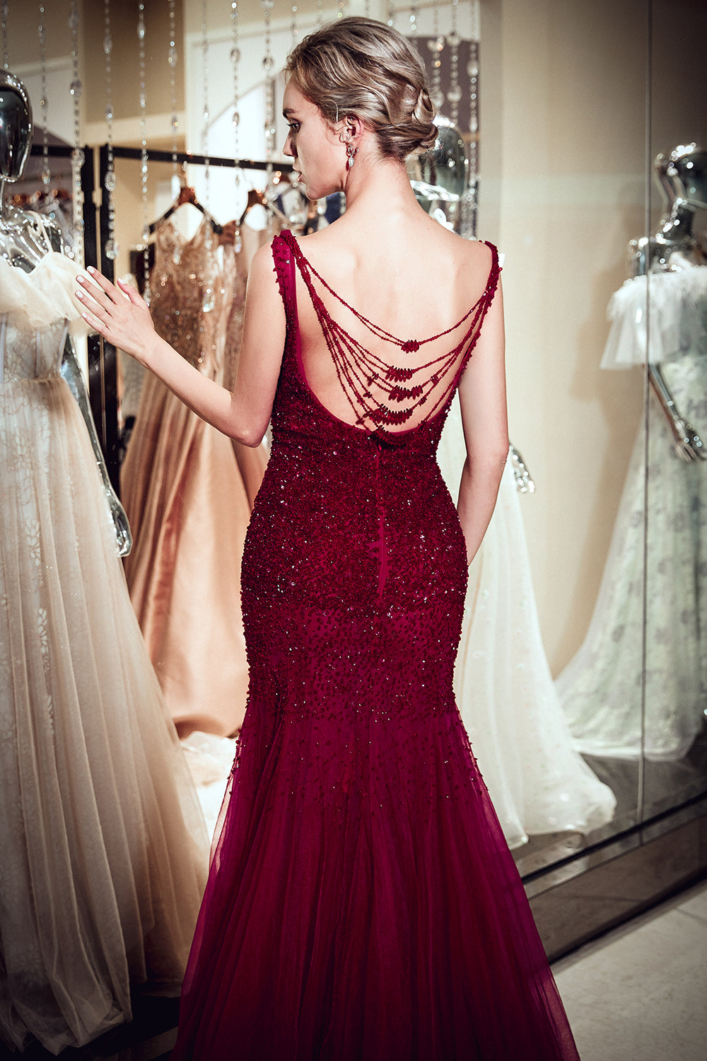 Burgundy Long Mermaid Tulle Sequined Evening Dresses-27dress