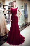 Burgundy Long Mermaid Tulle Sequined Evening Dresses-27dress