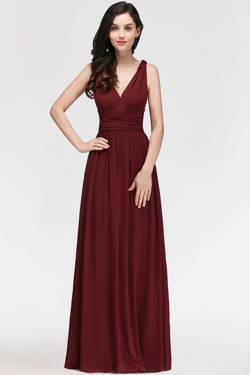 Burgundy Long V-Neck Sleeveless Chiffon Bridesmaid Dress Online-27dress