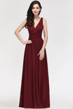 Burgundy Long V-Neck Sleeveless Chiffon Bridesmaid Dress Online-27dress