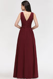 Burgundy Long V-Neck Sleeveless Chiffon Bridesmaid Dress Online-27dress